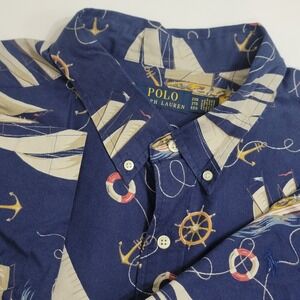 NWT Polo Ralph Lauren Mens 2XB Blue Nautical Sailboat Anchor AOP Button Up Shirt